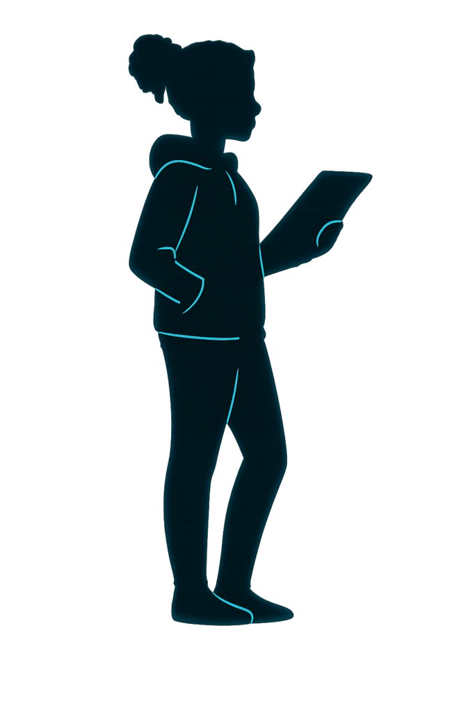 Silhouette of Tess Sinclair, digital-forensics analyst from The AI Murders by Paul J. Lane, symbolising her intelligence, logic, and partnership with Detective Inspector Daniel Chase.